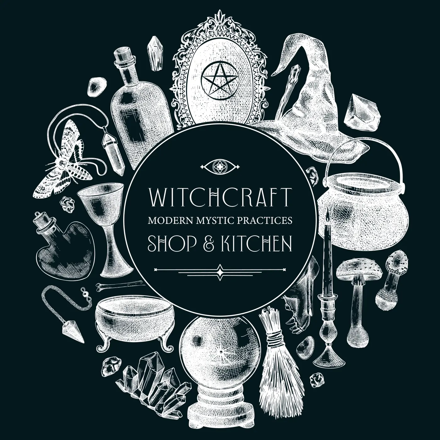 Witchcraft frame design. Vinatge Halloween sketches. Hand-drawn vector illustration.Witch party invitation template. NOT AI generated Illustration